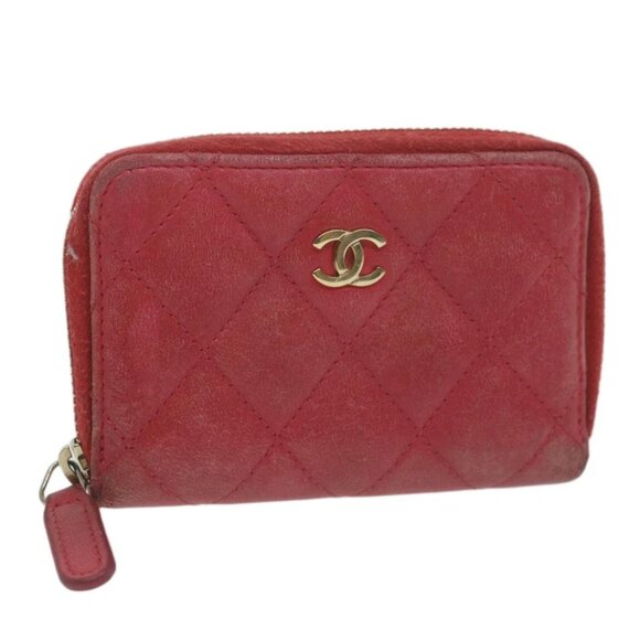 CHANEL Matelasse Coin Purse Lamb Skin Red CC - Picture 1 of 14